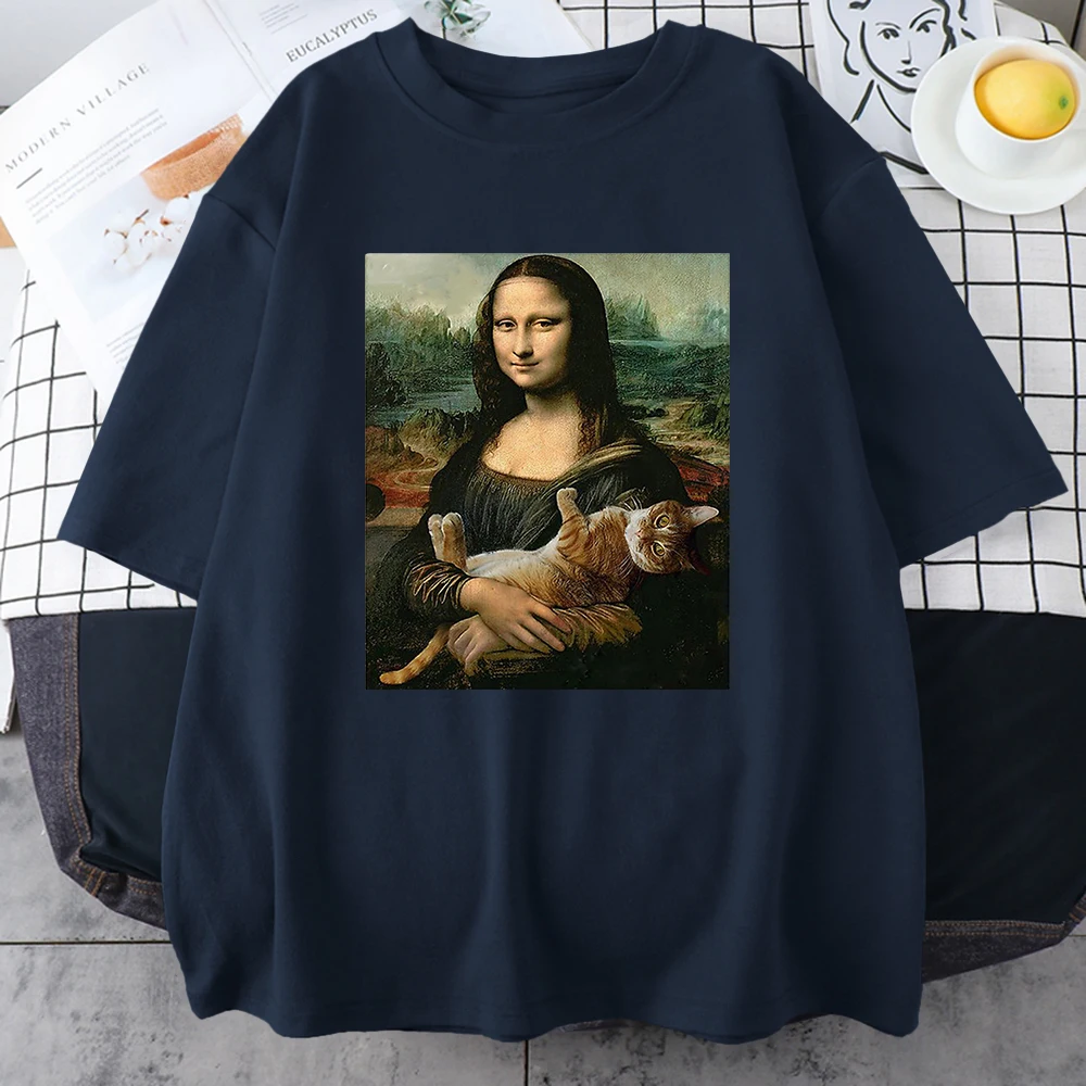 Funny Mona Lisa And Cat Printed T-Shirt For Men Summer Cotton T Shirt Loose Breathable Clothing Street Fashion Casual Short Tees