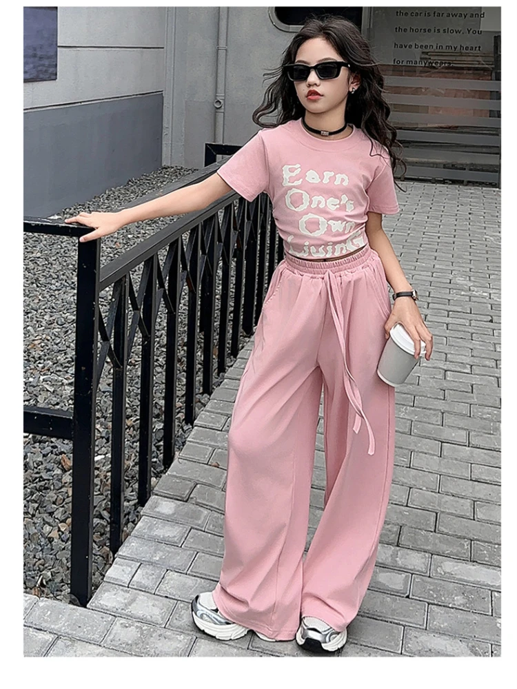 Girls' Casual Suit Summer Clothes New Letter Short-sleeved T-shirt Wide-leg Pants Student Two-piece Sports Children's Wear 2024