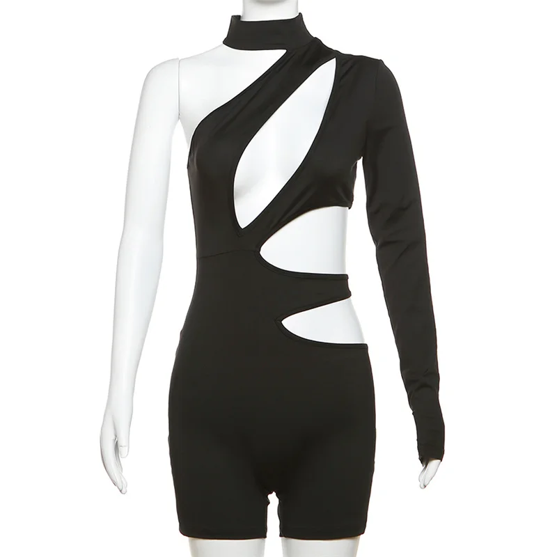 Sexy Cut Out Asymmetrical Solid Women Rompers Basic Long Sleeve Casual Sportswear Streetwear Female Elastic High Waist Jumpsuits