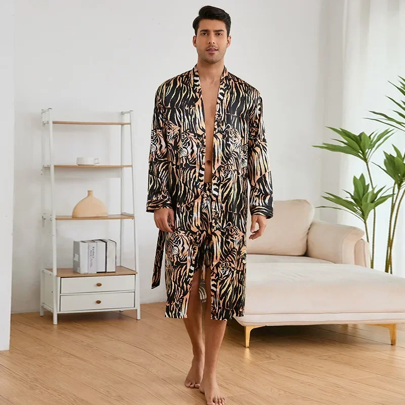 Men\'s Ice Silk Sleepwear Kimono Bathrobe Gown Long Robe Pajamas Two Piece Set Print Tiger Loose Casual Homewear Lounge Wear