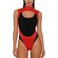 Womens Glossy PU Leather Bodysuit Wit Metal D-ring Open Front Backless High Cut Leotard Jumpsuit for Nightclub Rave Party - Image 3