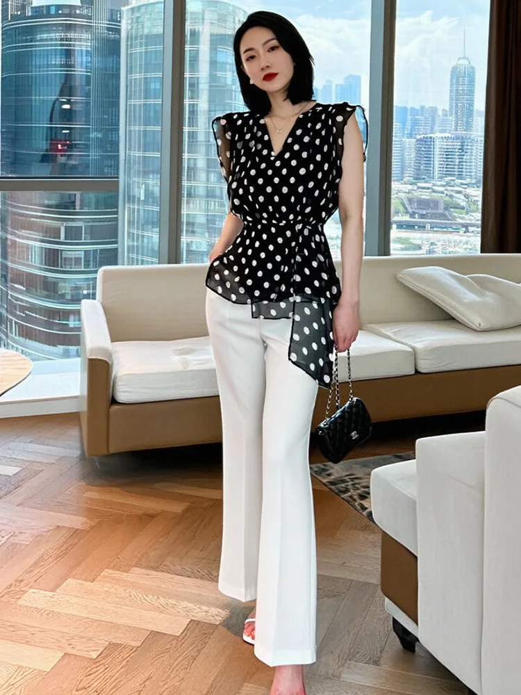 

A-Leibniz Black shirt, women's short sleeved fashionable temperament, slim fit, slimming and stylish chiffon polka dot top 35084