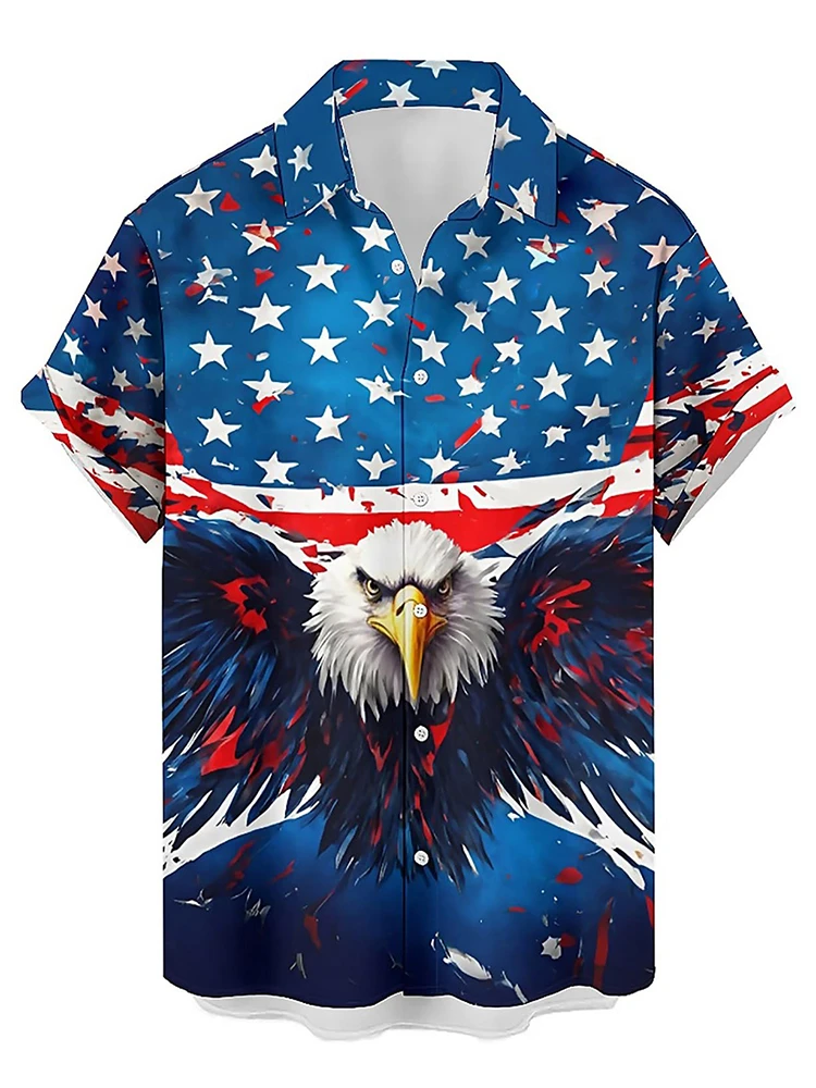 

Summer Men's Short-sleeved Shirt Eagle And American Flag Print Men's Casual Shirt Everyday Street Fashion Short-sleeved Shirt