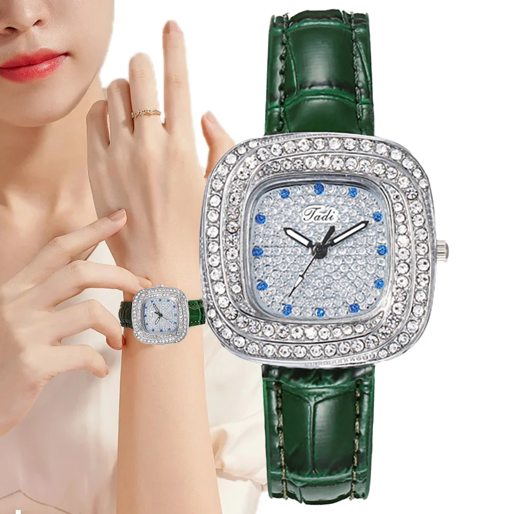 

Women's 2024 New Luxury Full Star Diamonds Square Quartz Watch Business Women's Green Leather Casual Dress Clock Wristwatch