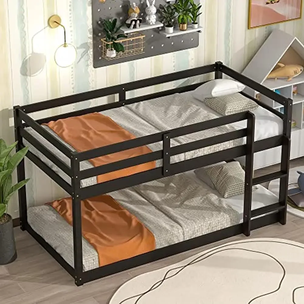 Twin Loft Bed with Guard Rails Pine Wood Construction Low Floor Design Safety Space-Saving Dormitory Bedroom Furniture Espresso