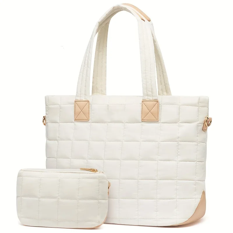 New Women's Down Tote Bag, Fashionable and Versatile Laptop Bag, Solid Color Quilted Zipper Fluffy Work Tote Bags