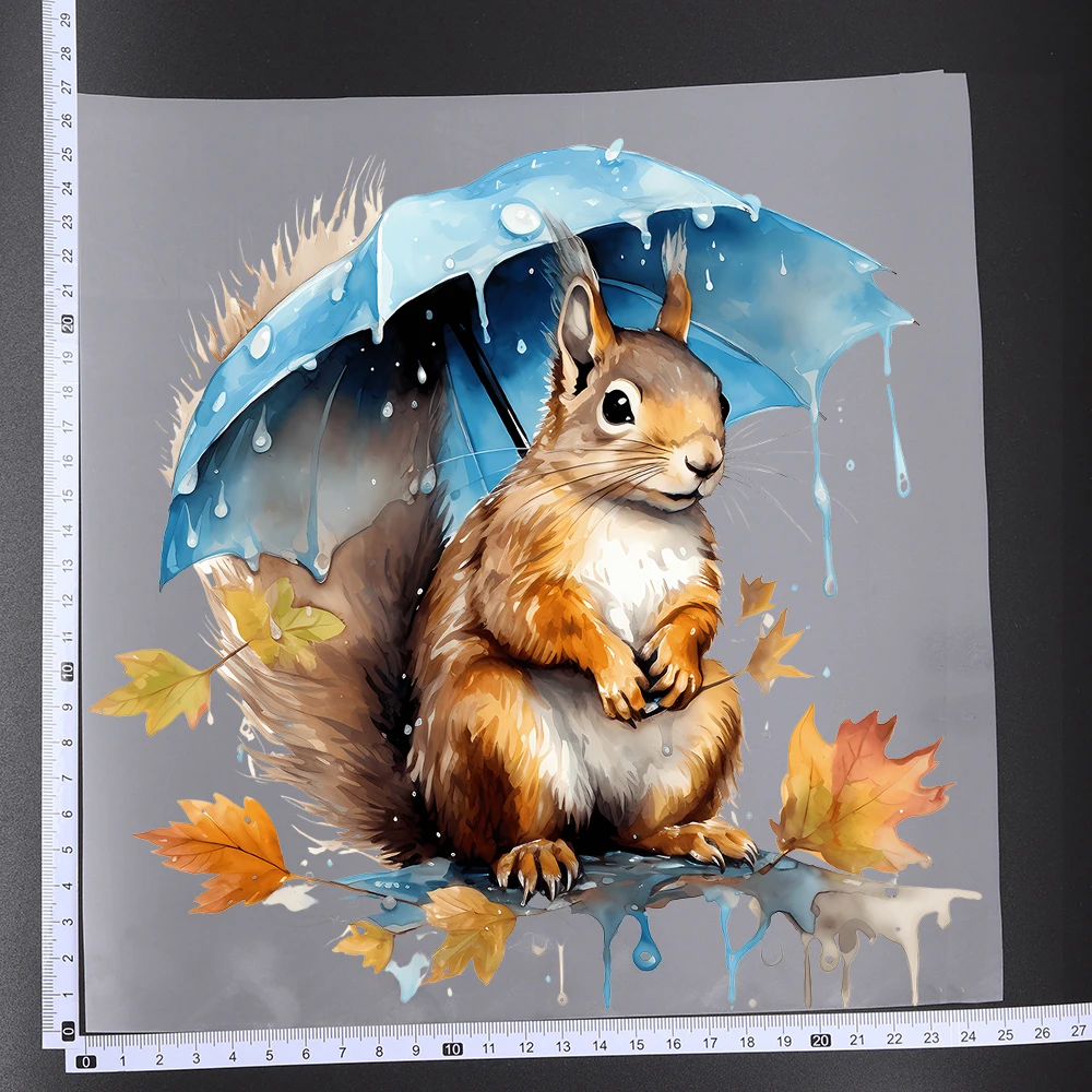25cm Squirrel with Umbrella in the Rain Iron On Heat Transfer Sticker DTF Iron On Transfer Patches For Clothes T-shirt Applique