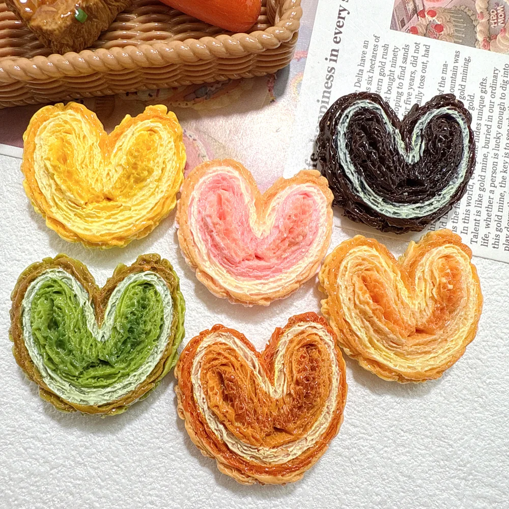 6/60Pc Simulation Heart Palmier Bread Resin Charms Miniature Ornaments for DIY Jewelry Making Scrapbooking Dollhouse Accessories