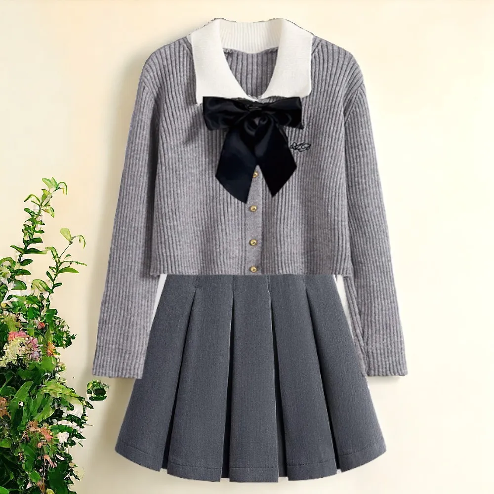 School Uniform Girls Outfits Suit Knitted Cardigan & Skirt 2PCS Teens Kids Set Back to School Baby Costumes 5 7 8 9 12 13 Years