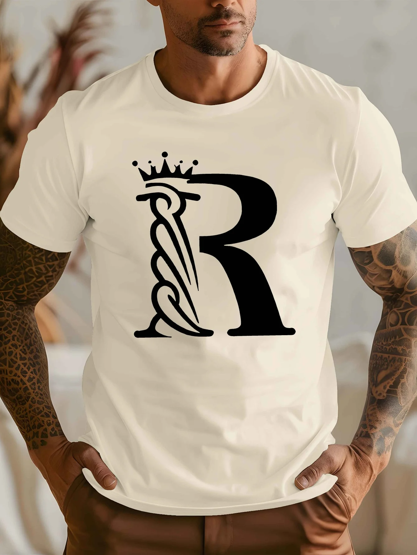Crown Wing Letter R Monogram Graphic Mens Crew Neck T Shirt Stylish Symbol Print Short Sleeve Casual Cotton Daily Summer Tops