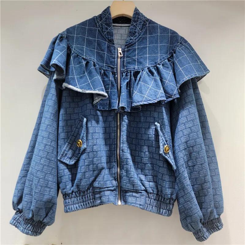 WTHT New Fashion Women's Spliced Shawl Collar Plaid Denim Jacket 2025 Autumn Trendy Long Sleeves Zipper Coat Female 1LS2261