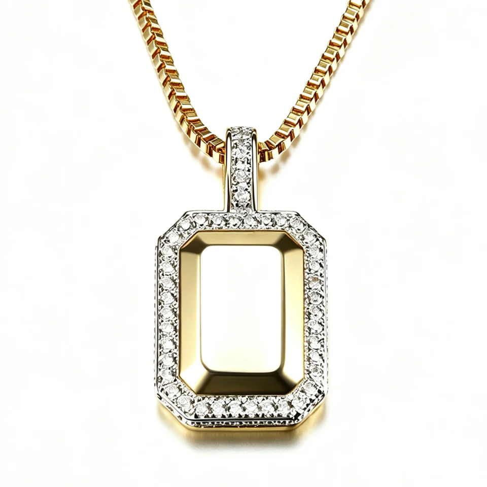 VANAXIN Hip Hop Iced Out Square Pendant Necklace Gold Plated Full Pave Cubic Zirconia Streetwear Jewelry for Men Women