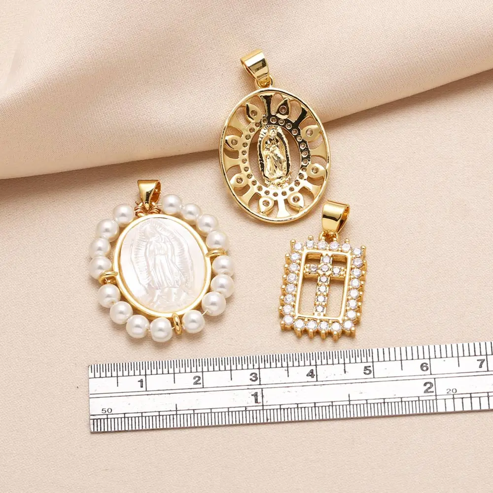 OCESRIO Fashion Beads Resin Virgin Mary Pendant for Necklaces Copper Gold Plated CZ Crucifix Jewelry Making Component pdtb693