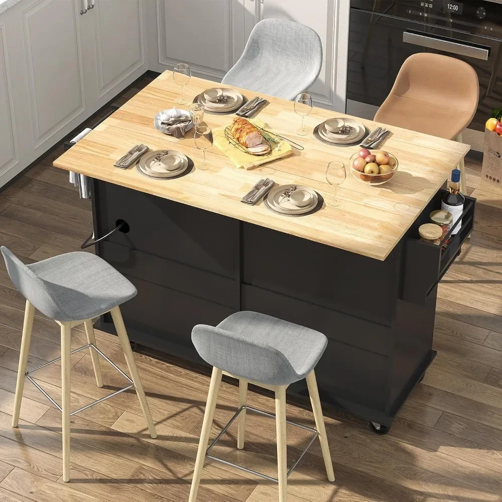 55 Inch Movable Kitchen Island with Pull-down Panel and Power Outlet, Island Style Cart with Storage Cabinet