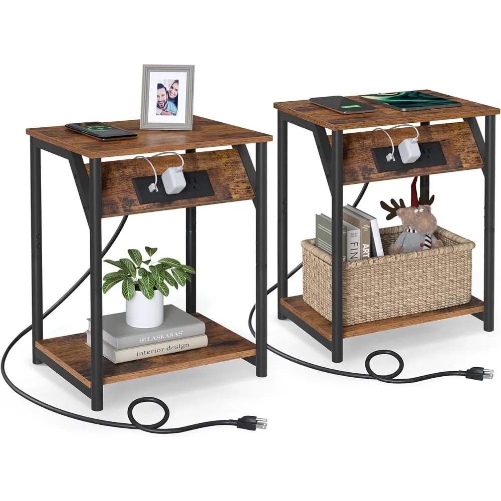 

Set of 2 Side Tables, Small Side Table in Living Room with Charging Station, Outlet and USB Port, Nightstand with Storage Shelf