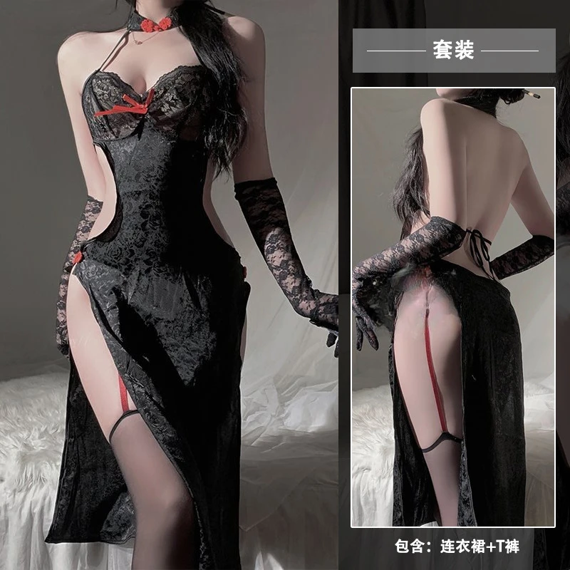 

Плюс размер ретро сексуальный Cheongsam женское жаккардовое нижнее белье униформа с высоким разрезом кружево Qipao китайская традиционная ночная рубашка Bobydoll