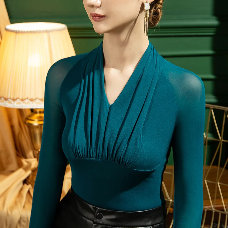 #4366Spring Perspective Long Sleeve T Shirt Women V-neck Sexy Tight Stretch Mesh Tee Shirt Femme Thin Women\'s T-shirt Black Blue