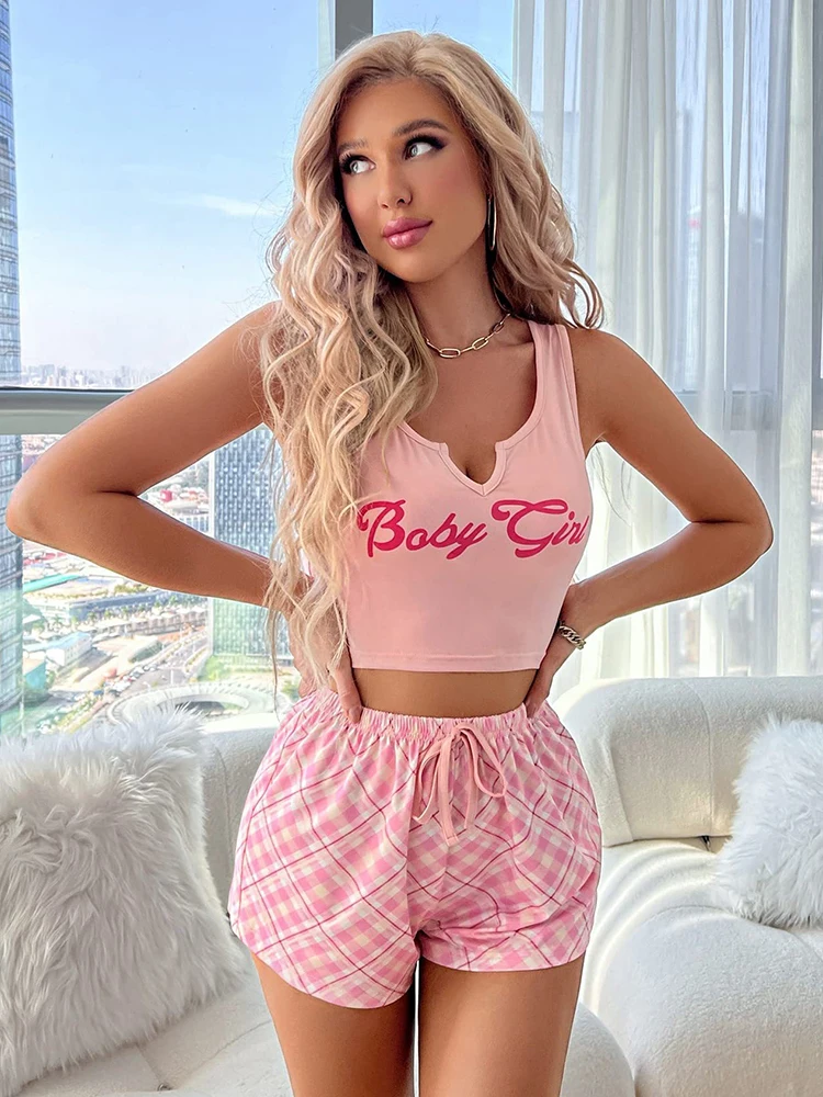 2024 Sexy Nightwear Women Summer Pajamas 2 Pieces Sleepwear Crop Top Vest+Shorts Sexy Girl Homewear Sleeveless Plaid Pajama Sets