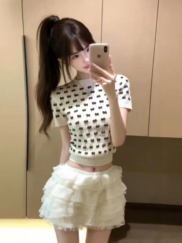 

Sweet Girl Style Knitted Set High Waist Cake Short Skirt Two Piece Suit Spring Summer Knot Women's Fashion Ensemble