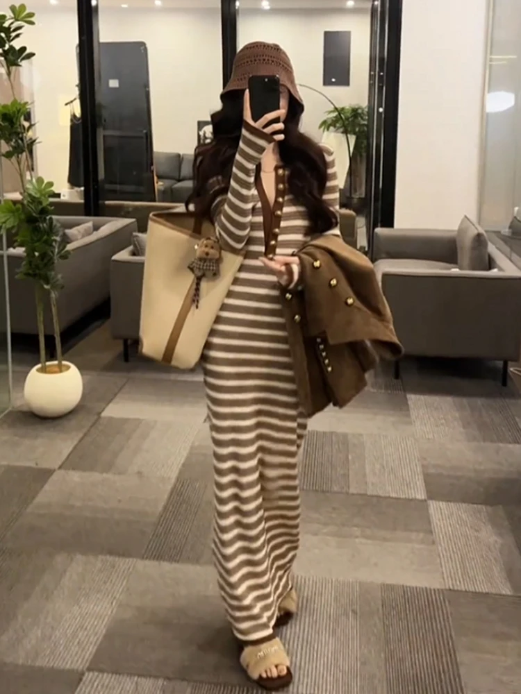 

Цветная блузка в полоску V Ne Long Sve Трикотажное платье Женская осенне-зимняя облегающая юбка с запахом Personali Long Dr