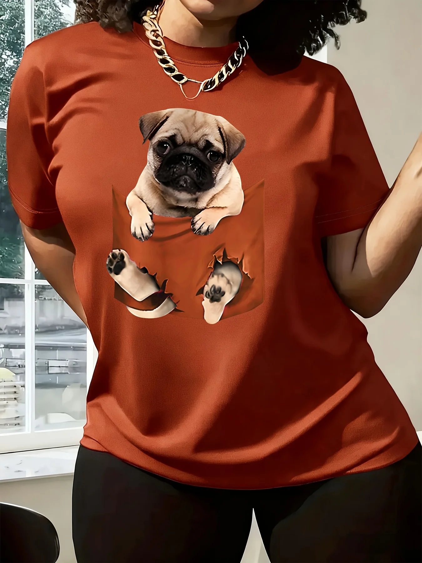 Khabaron Print Round Neck T-shirt Hanging in Pocket, Casual Short Sleeved Round Neck T-shirt for Women