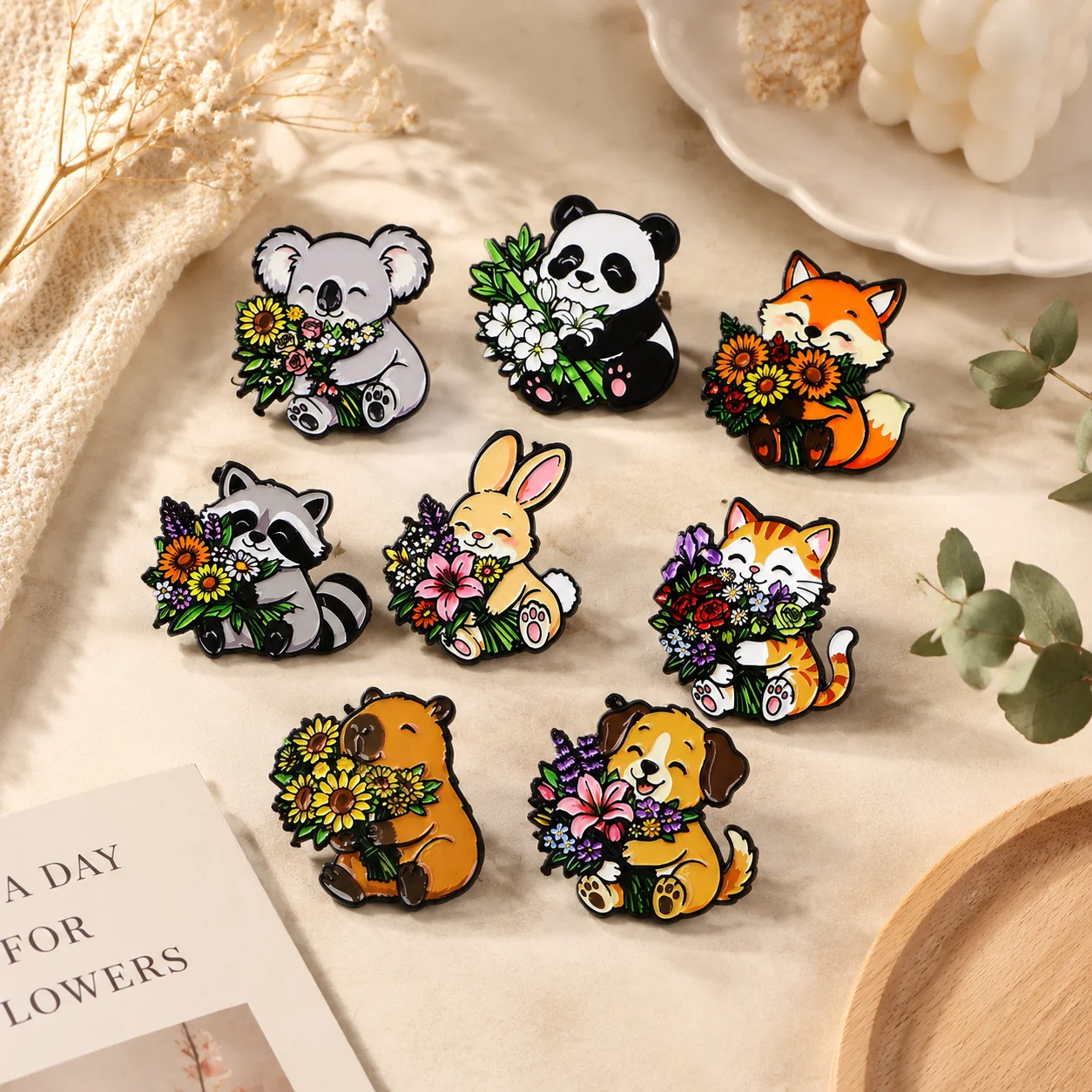 

8pcs/set Animal Holding Flowers Series Brooch for Clothes Women Lapel Pins for Backpacks Soft Enamel Pin Bags Pins Badges Gift