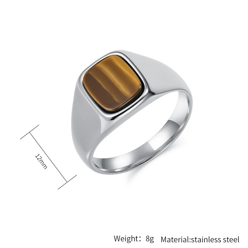 New Fashion Vintage Stainless Steel Tigers Eye Balck Stone Signet Ring for Men view 3