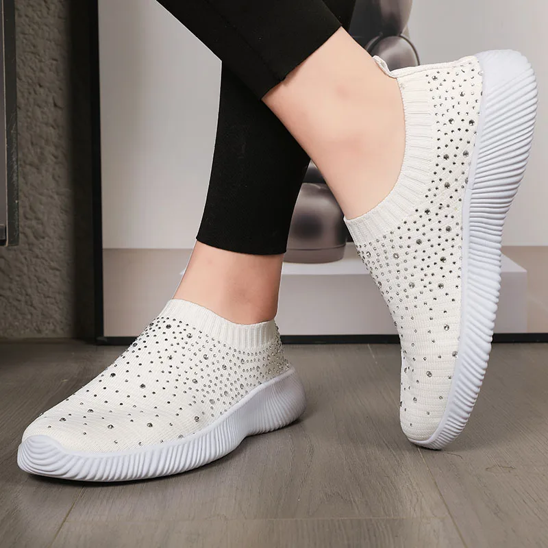 2024 New Crystal Breathable Mesh Sneaker Shoes for Women Comfortable Soft Bottom Flats Plus Size 43 Non Slip Casual Shoes Woman