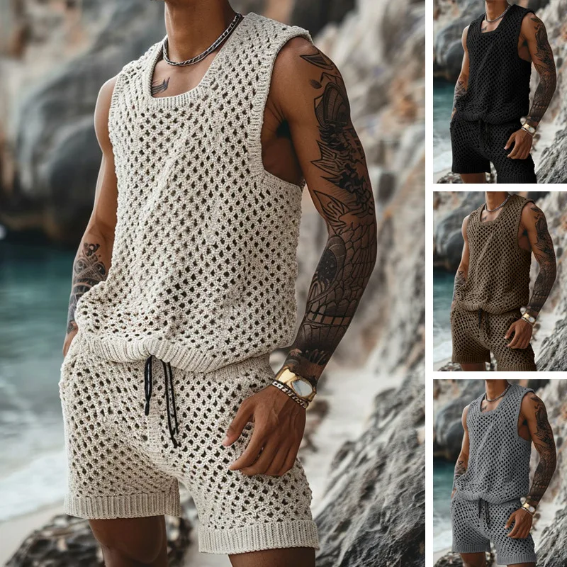 

Fashionable Casual Vertical Stripe Suit Slim Fit Collar Short Sleeved Button Up Shirt Shorts Men's Woolen Summer Outfit