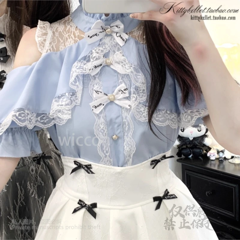 منجم النمط الياباني 3-ألوان الدانتيل لوليتا فستان موضة خارج على الكتف قصيرة الأكمام القوس قميص ملابس النساء Y2K Jirai Kei الطرف