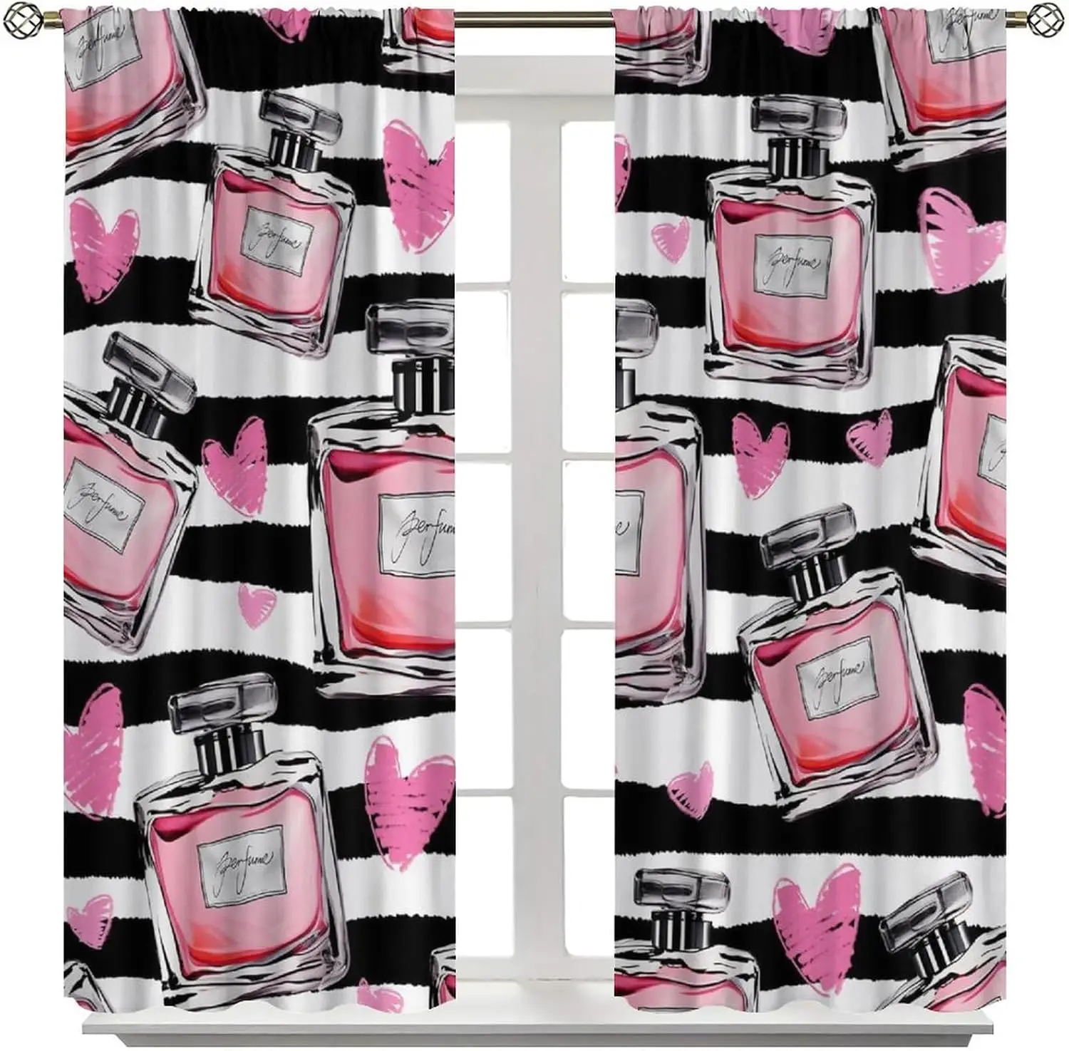 Pink Perfume Bottle Window Curtains, Black White Striped with Heart Print Drapes, Glam Fashion Decor for Girls Bedroom Bathroom