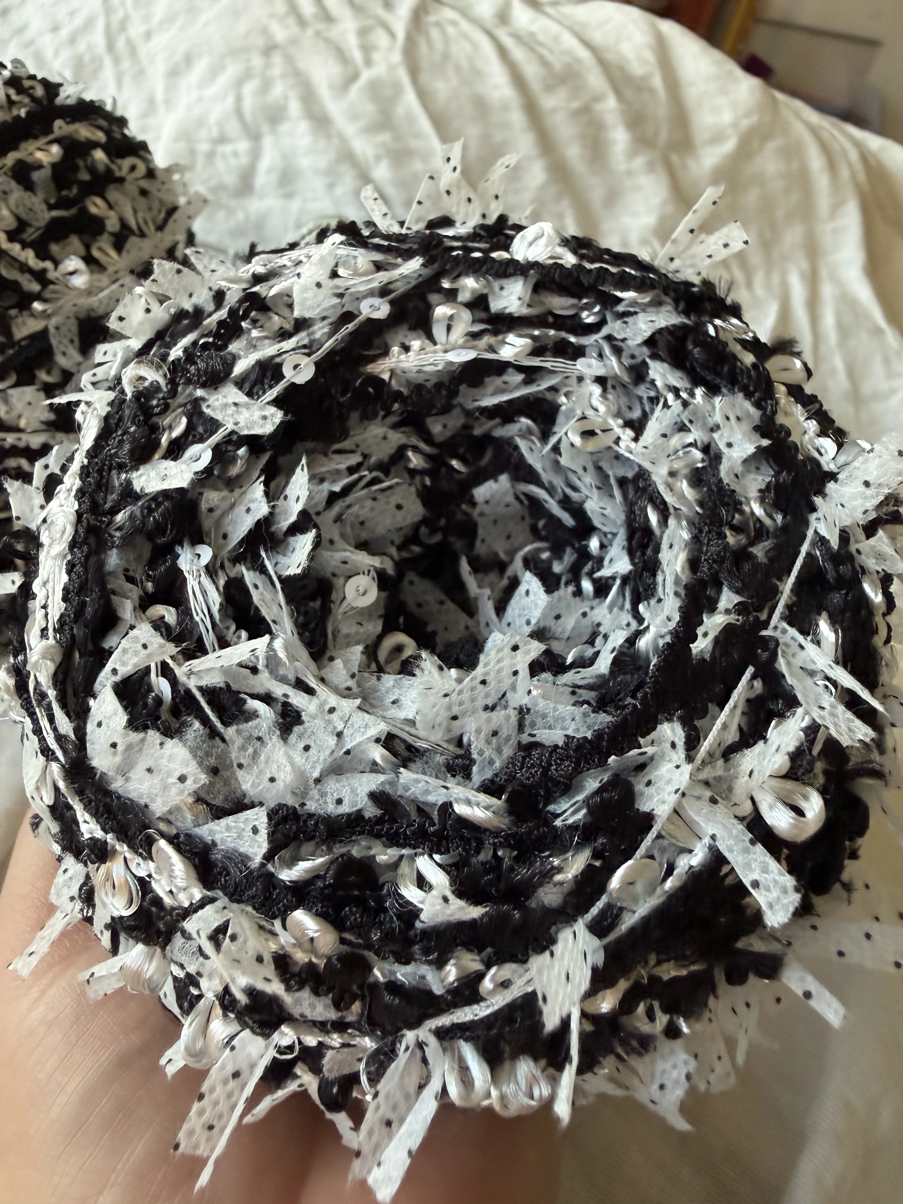 100g Polka Dot Ribbon Hand Blended Yarn - Black White Mixed Fringe Yarn Silver Loop for DIY Crochet Bag Scarf Craft