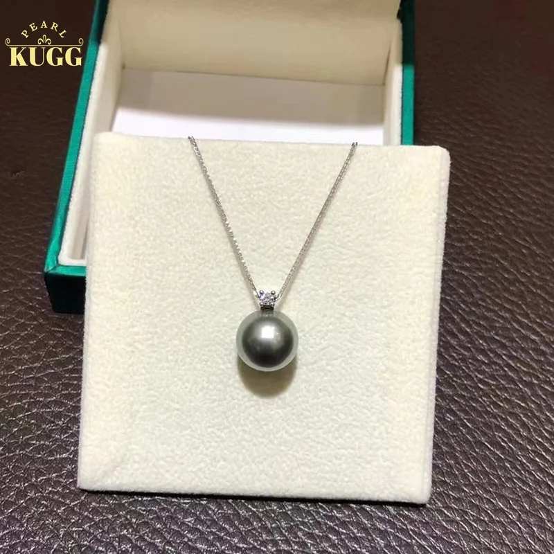 

KUGG PEARL 18K White Gold Necklace Natural Tahiti Black Pearl Pendant Women Engagement Necklace Classic Diamond Design