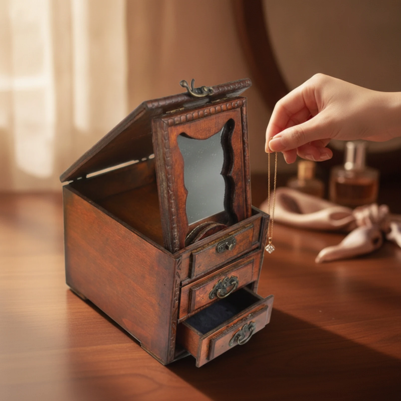 Wooden Jewelry Box with Mirror Solid Wood Wooden Jewelry Box Compact Sturdy for Women, Dressing Table, Bedroom