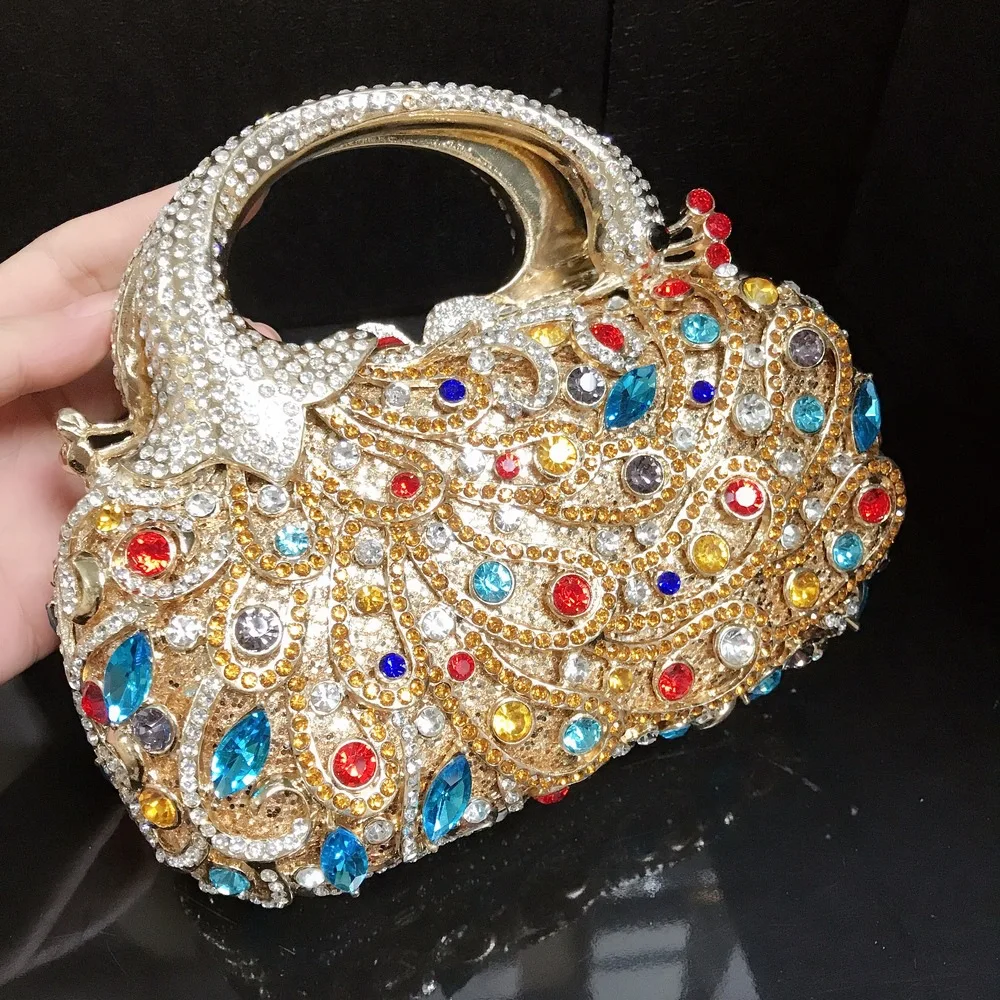 New Gold Peacock Minaudiere with Multi Color Crystal Evening Handbag Luxury Diamond Embedding Dinner Wedding Bag