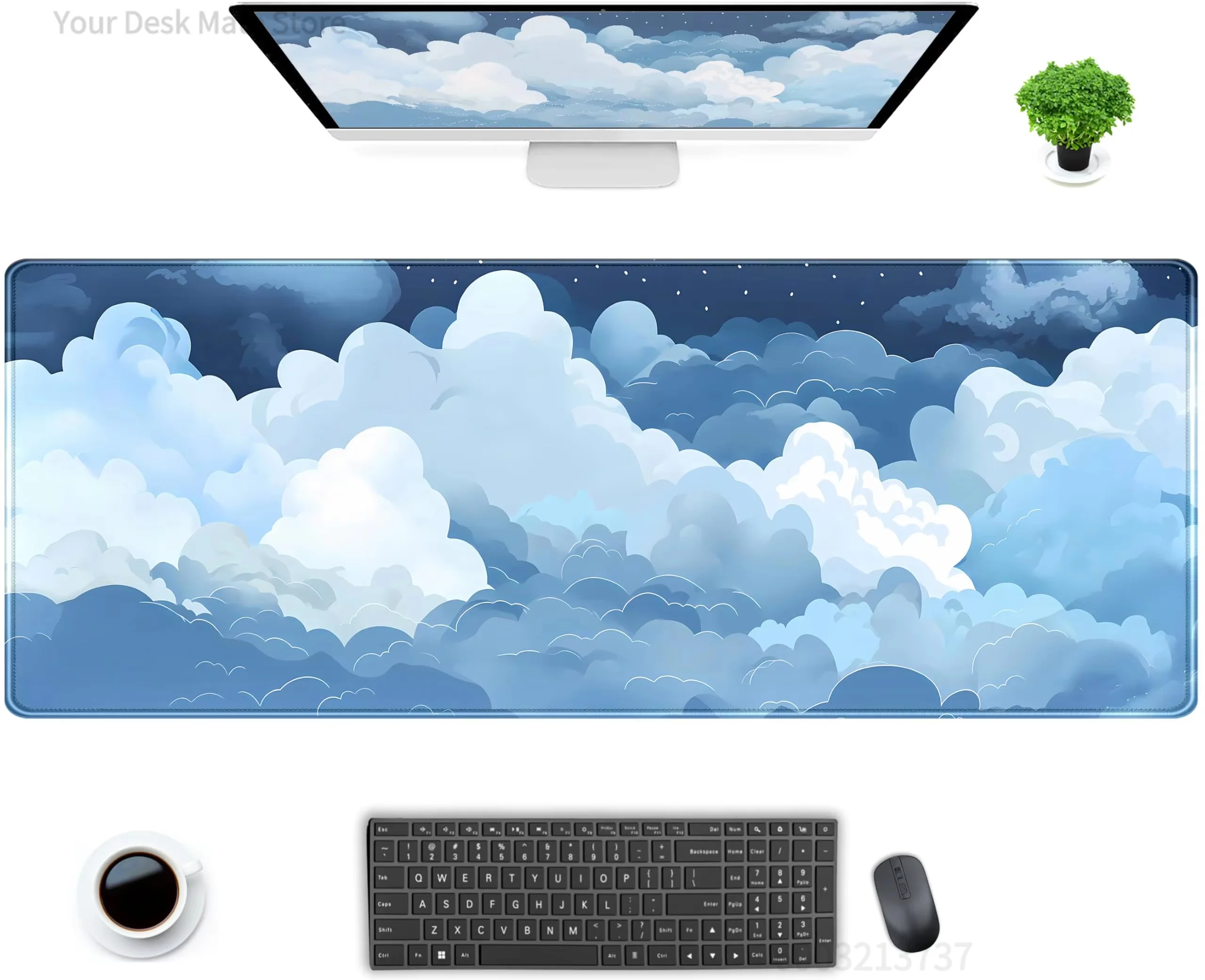 Soft Cool Blue Layered Fluffy Cloud Night Sky Mouse Pad, Cartoon Stacked Cloud Illustration Waterproof Kawaii Student Desk Mat