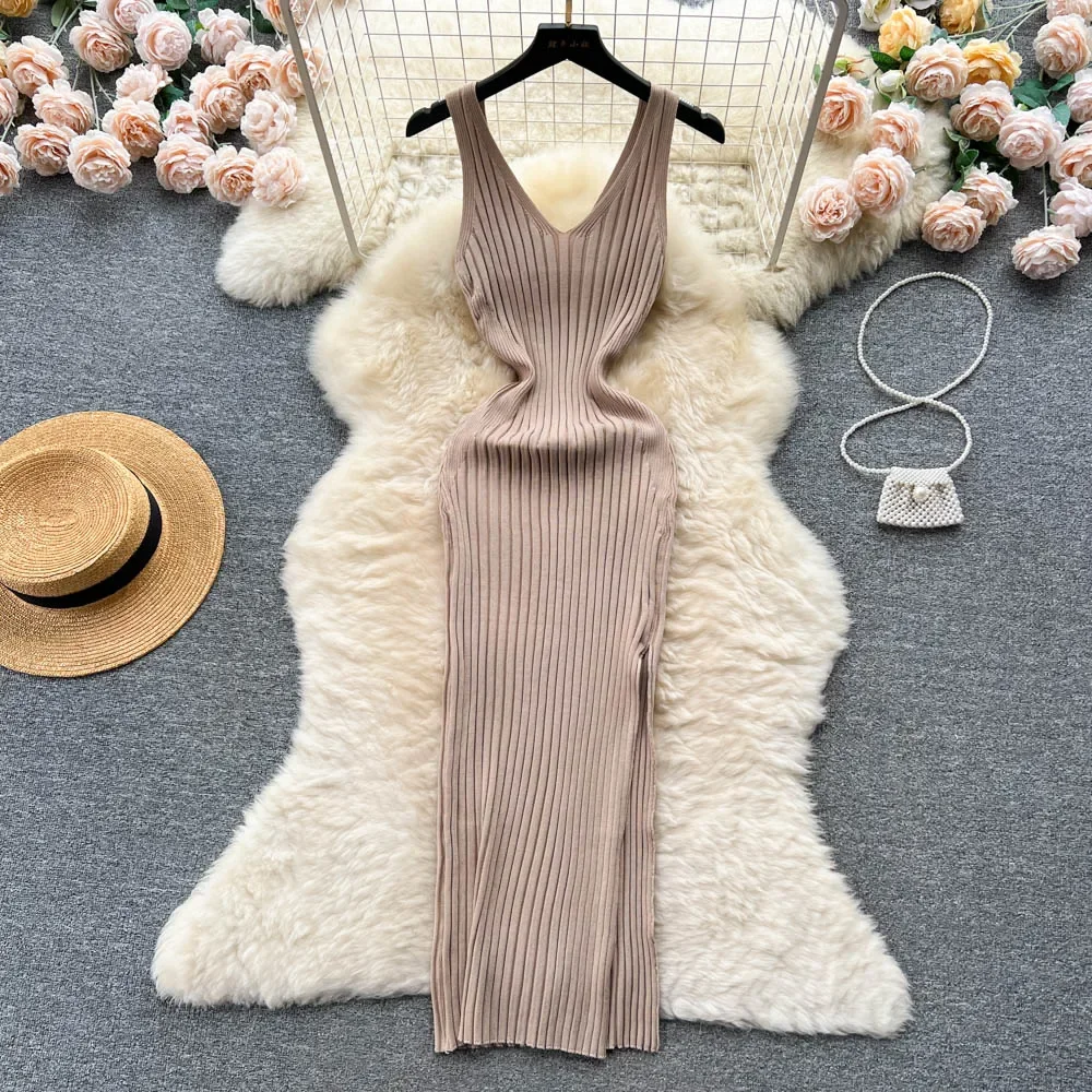 

Chic Fashion Sexy Wrap Hips Split Knitted Autumn Dress Women Slim Elastic Bodycon Long Dress Streetwear Outfits Vestido