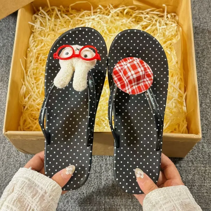 Kawaii Miffy Thick Sole Flip Flops Black Polka Dot Slip Resistant Toe Post Slippers Casual Sandals for Summer Outdoor Footwear