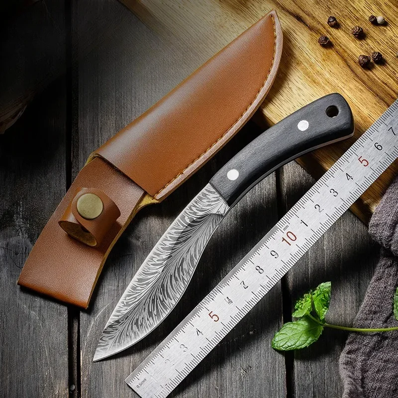 High Hardness Damascus Fixed Blade Knife with Wooden Handle & Leather Sheath for Kitchen,Camping and Self-defense