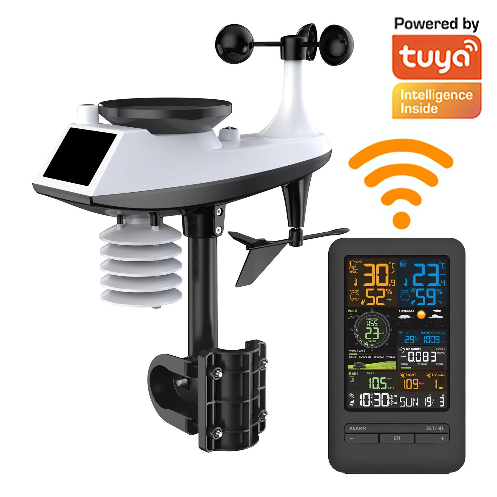Estación Meteorológica Inteligente WiFi Tuya con Reloj Despertador, Termómetro e Higrómetro, Sensor Inteligente para el Hogar con 15 Idiomas, Doble Alarma y Registro de Datos de Temperatura, Humedad, Velocidad del Viento, Lluvia y Niveles de Luz