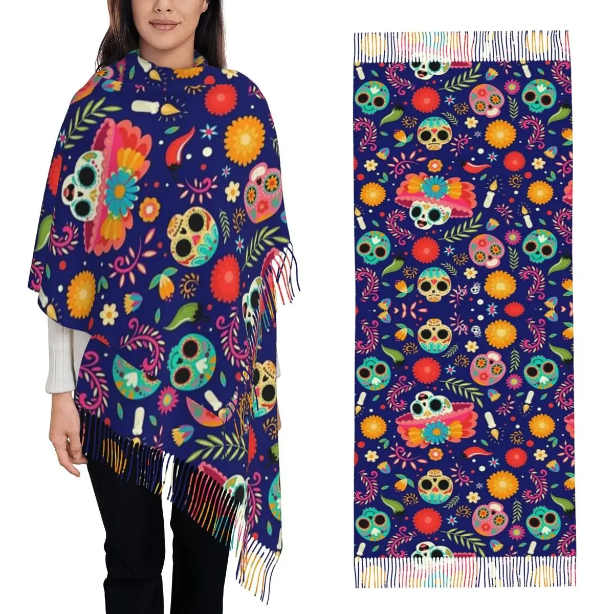 Day Of The Dead Skulls Mexican Hats Scarf Tassel Scarves Women Soft Warm Shawls and Wraps Large Fall Winter Shawl Wrap