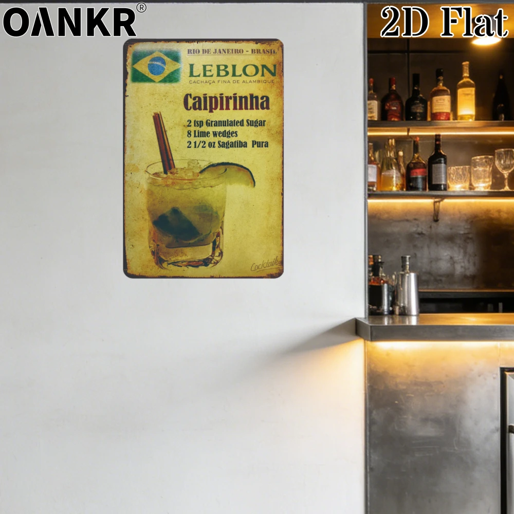 Placa de Metal Vintage para Coquetéis, Presente Ideal 12x8 Polegadas, Placa de Metal com Receita de Caipirinha Leblon para Decoração de Parede de Casa, Pub e Bar