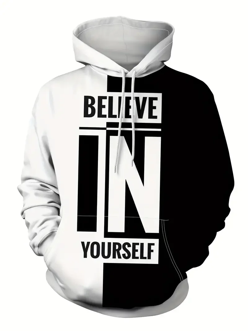 

''BELIEVE IN YOURSELF''3D Print Color Block Hoodie For Men,Graphic Hoodie With Pocket,Comfy Loose Trendy Pullover,Men's Clothing