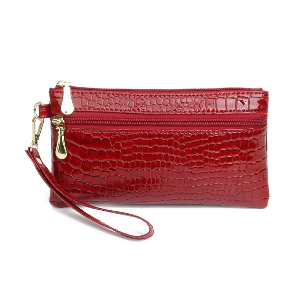 Fashion PU Leather Women Long Wallets Hand-held Stone Grain Coin Purse Double Zipper Clutch Bag Lady Purses