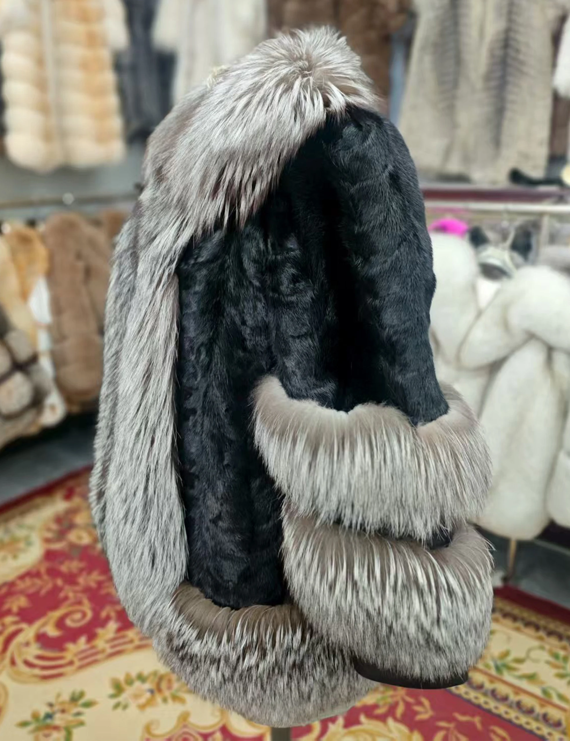 큰 여우 모피 칼라 밑단이있는 진짜 밍크 모피 코트 숙녀 겨울 자켓 럭셔리 streetwear