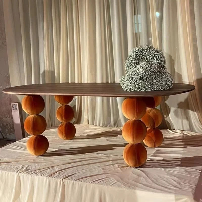 ⁕rArtistic Dining Table with FRP Wood Fabric Smooth Wood Tabletop Stacked Fabric Sphere Legs for Modern Dining Room Stylish Cafe