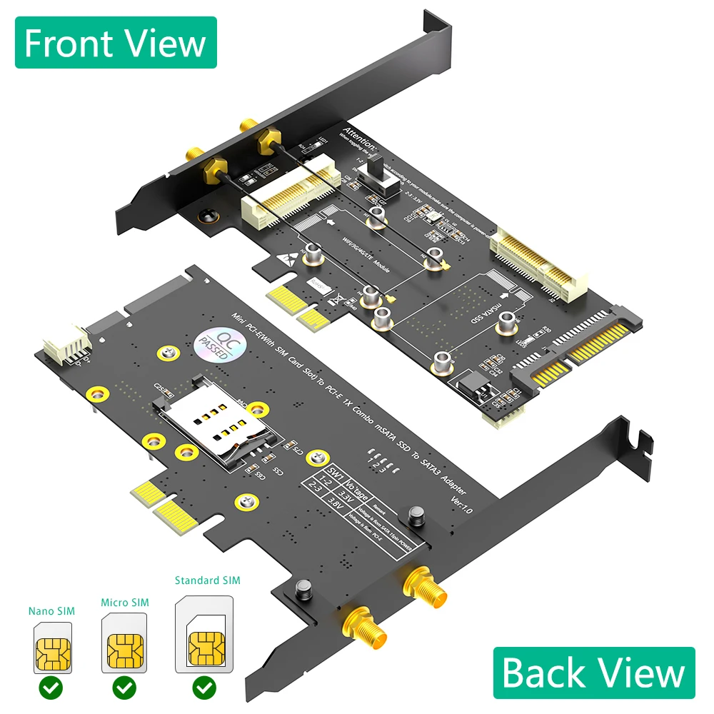 2-in-1 Combo Mini PCI-E to PCI-E 1x and MSATA to SATA3 Adapter with SIM Card Slot for WiFi/ 3G/4G/LTE/ Msata SSD