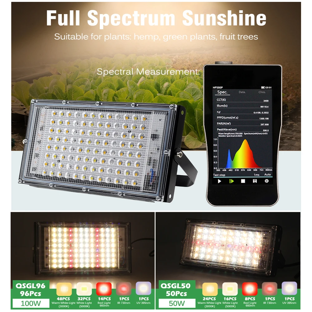 50W/100W LED Plant Light AC220V Phyto Lamp Full Spectrum Grow Light with Desktop Clip/Adjustable Tripod for Seeds Vegetables