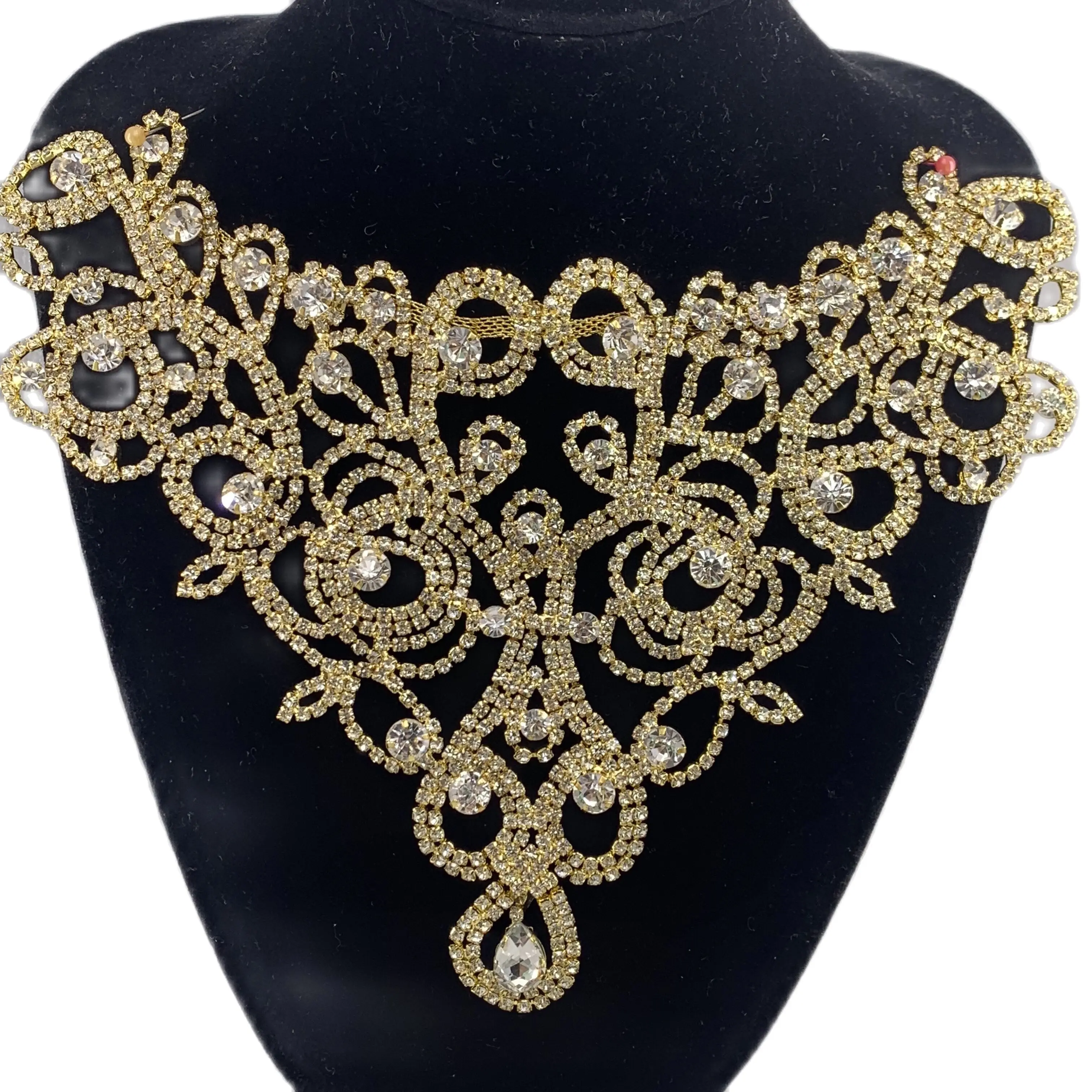 Neckline rhinestones sewn on necklace accessorize wedding dress Sparkly crystal gold applique garment accessories