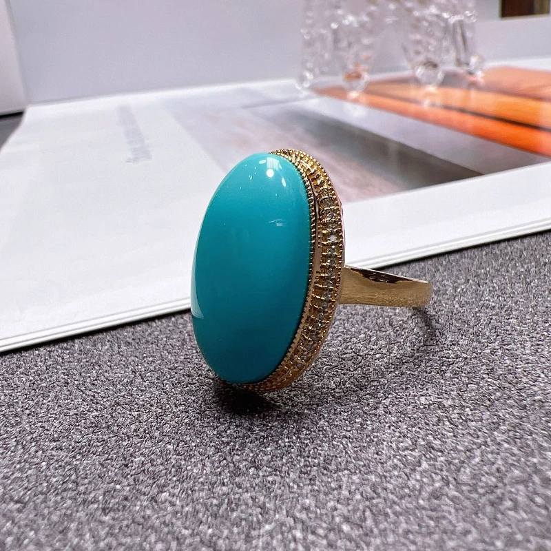 Original Large oval turquoise rings for women Classic ethnic style Simple blue engagement Light luxury party banquet jewelry